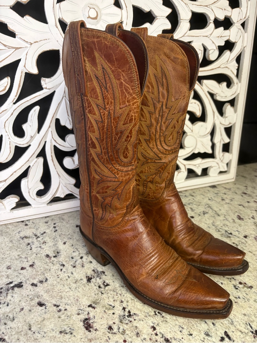 Lucchese Brown Embroidered Leather Cowboy Boots Size 6 B